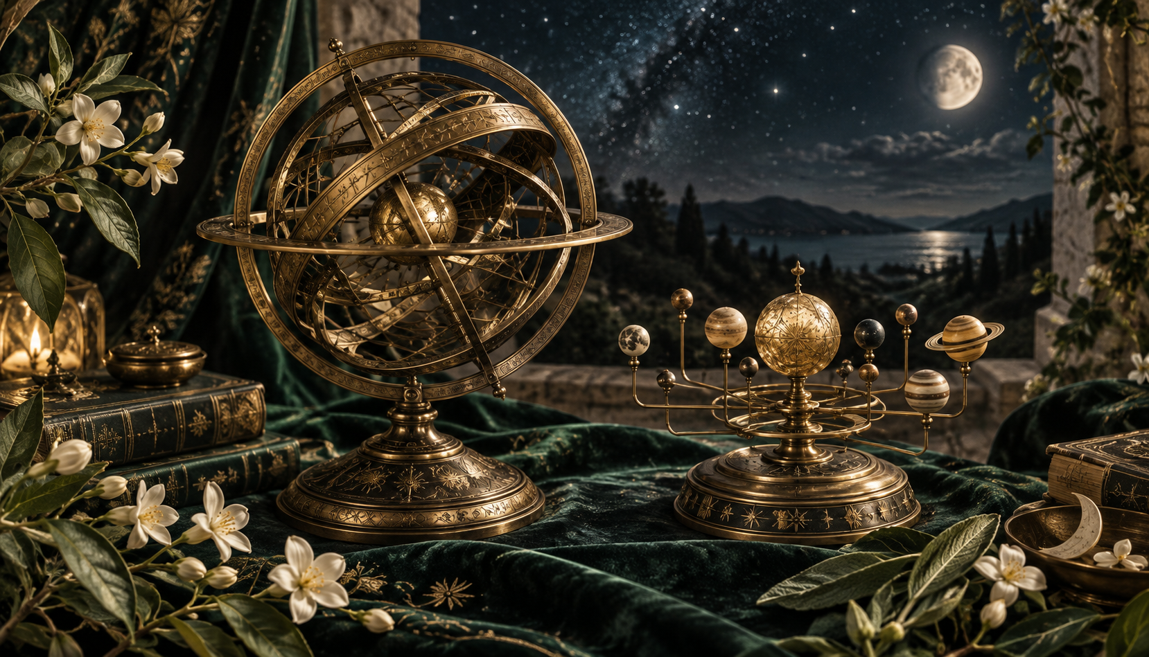 Instrumentos celestes dourados sob um céu estrelado, entre flores e folhas