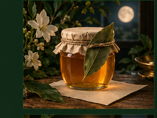 Folhas, flores e um pequeno frasco sobre uma mesa à luz da Lua