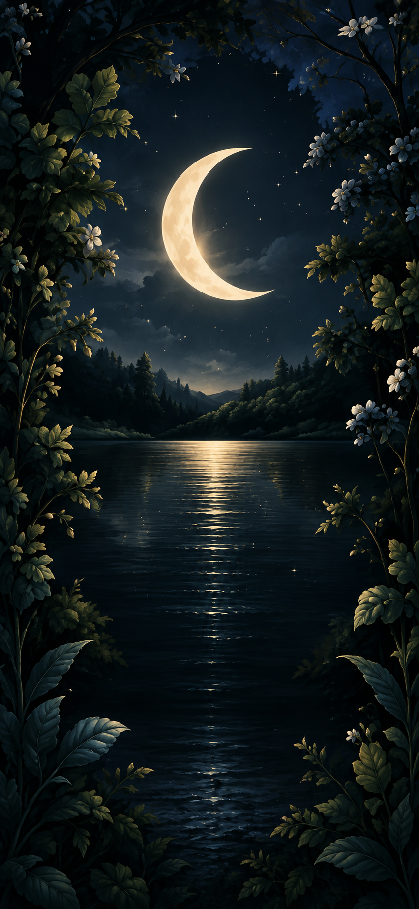 Lua dourada sobre um lago, entre árvores e flores