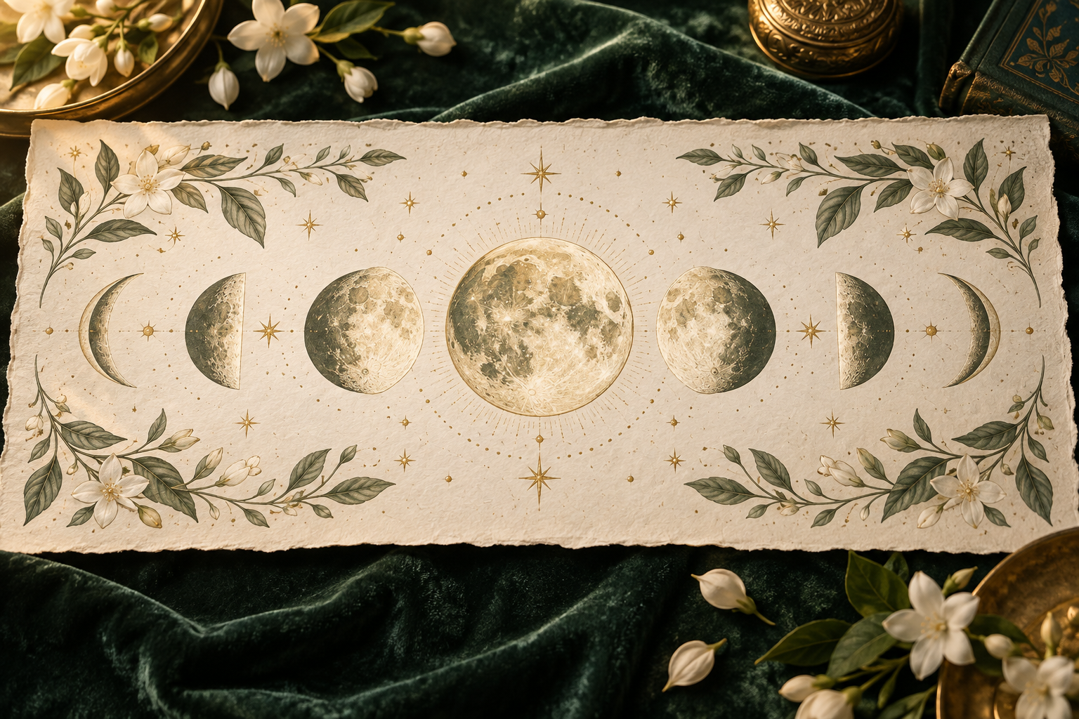 Fases da Lua ilustradas em papel marfim, entre flores e folhas