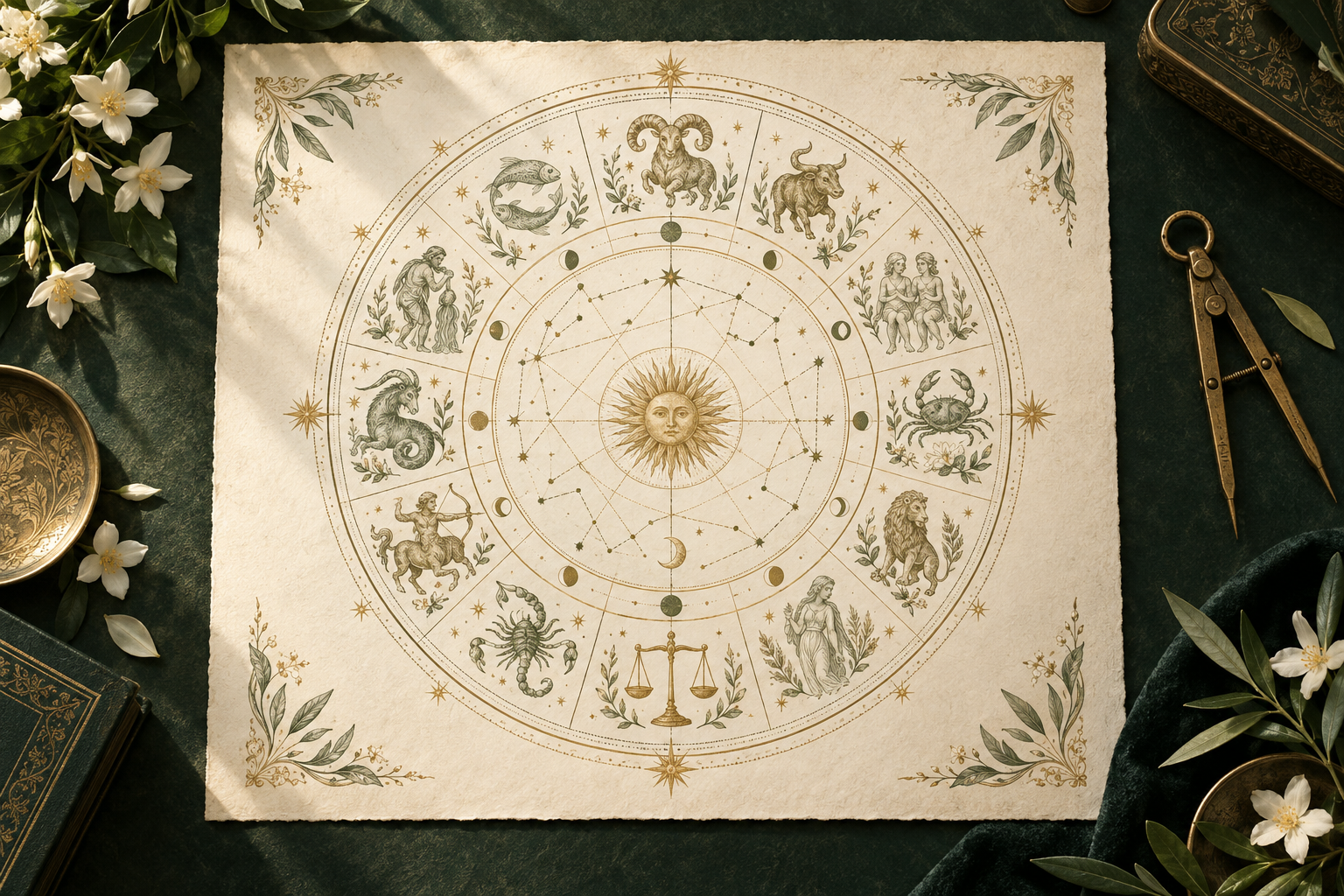 Mapa zodiacal ilustrado em papel marfim com detalhes botânicos e dourados