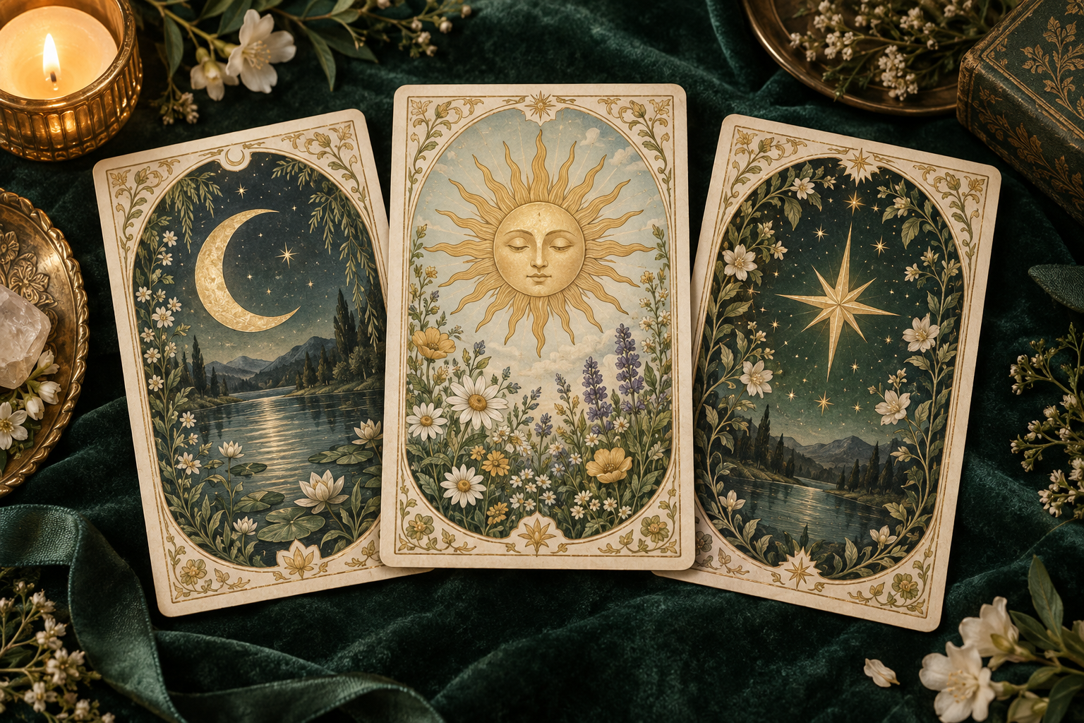 Cartas de Tarot ilustradas com Lua, Sol e Estrela, flores e detalhes dourados